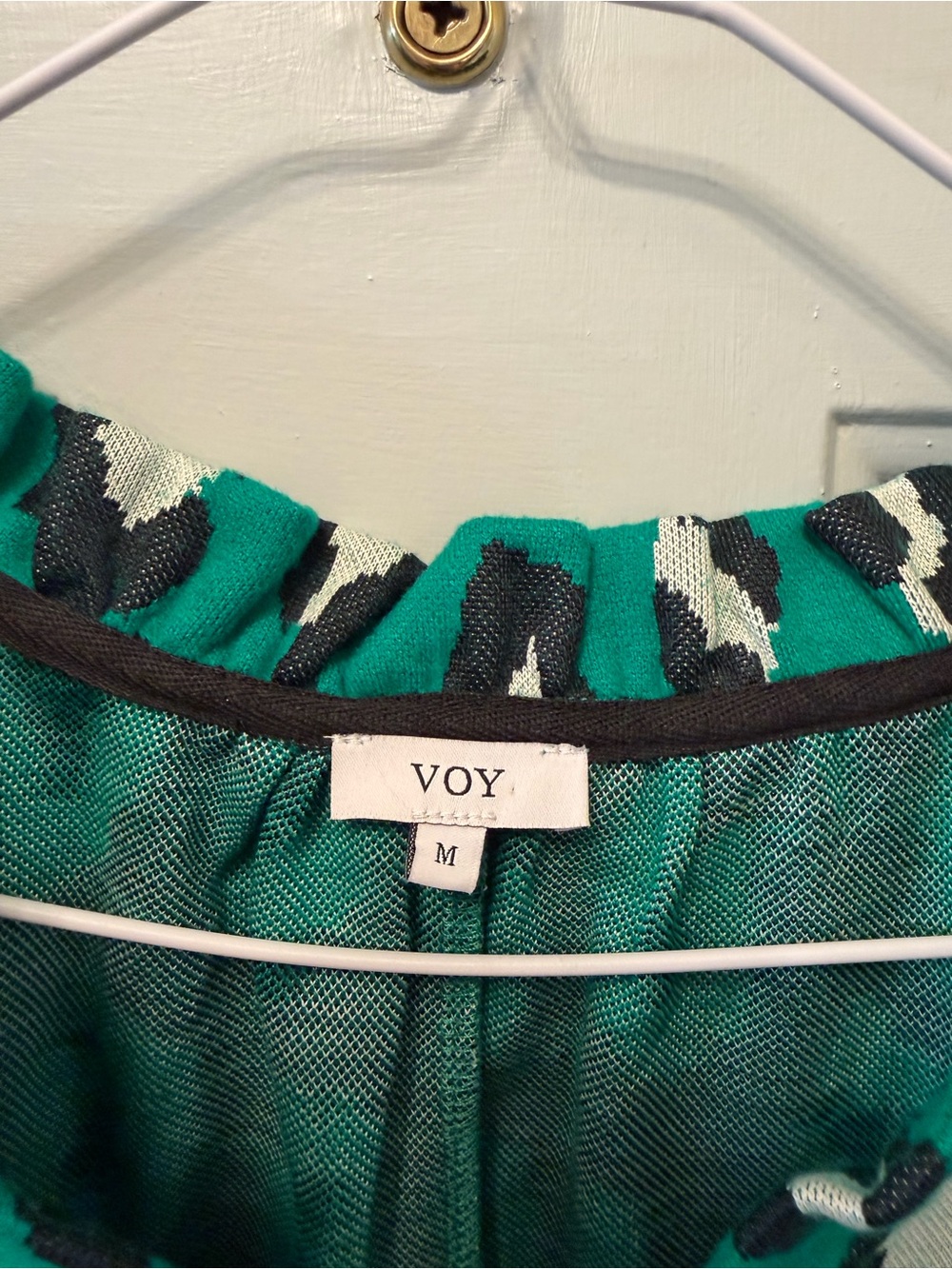VOY Green Leopard Print Ruffle Neck Top with Yellow Stripe Sleeves - Picture 5 of 5